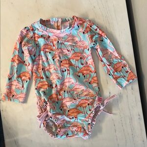 RuffleButts 12-18m Flamingo Print Kids Swimsuit, Like New